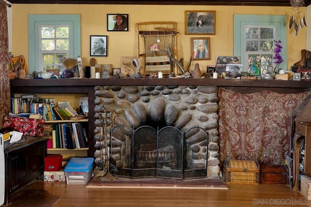 room details featuring wood-type flooring and a fireplace