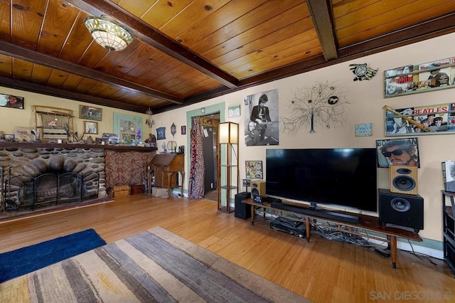 living room featuring a fireplace, wooden ceiling, beam ceiling, and wood-type flooring