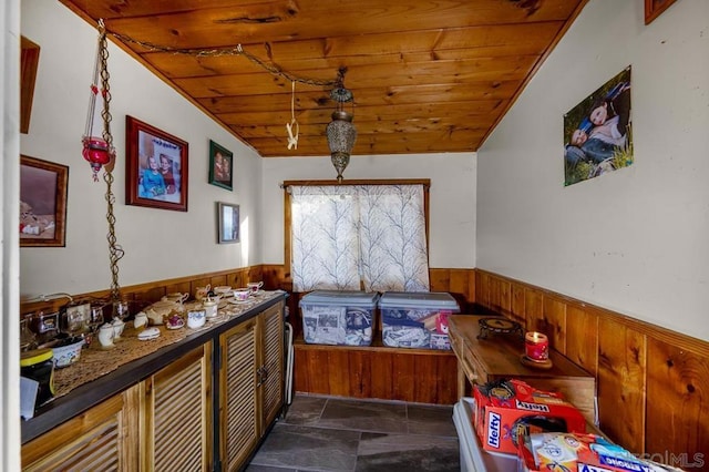 bedroom featuring vaulted ceiling, wood ceiling, and wooden walls