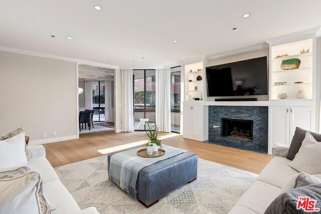 living room featuring a premium fireplace, crown molding, and light hardwood / wood-style floors