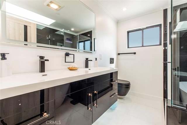 bathroom featuring toilet, a shower with door, tile patterned floors, crown molding, and vanity