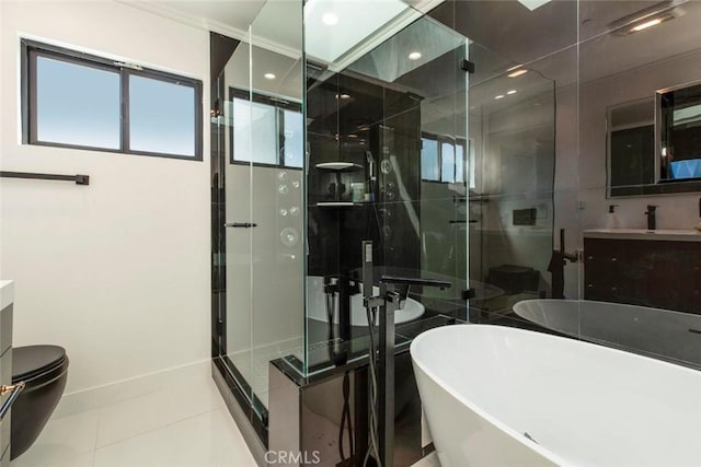 full bathroom with toilet, independent shower and bath, tile patterned floors, crown molding, and vanity