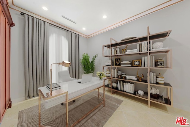 home office featuring light tile patterned flooring and crown molding