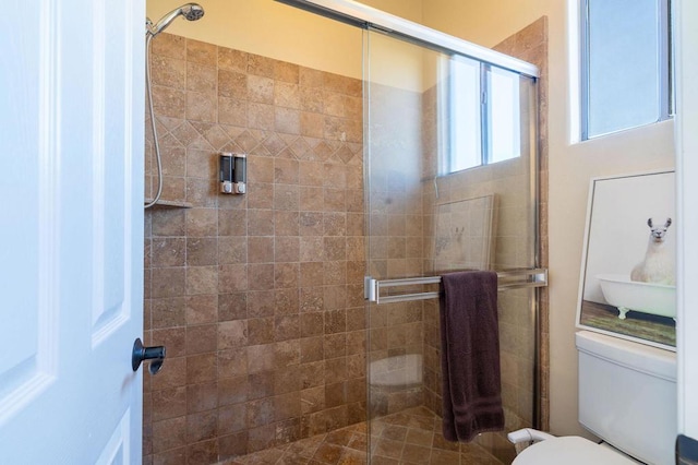 bathroom with toilet and a shower with shower door