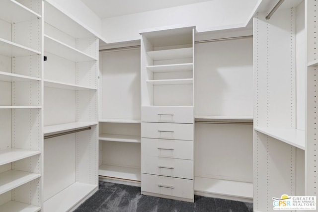 walk in closet featuring dark carpet