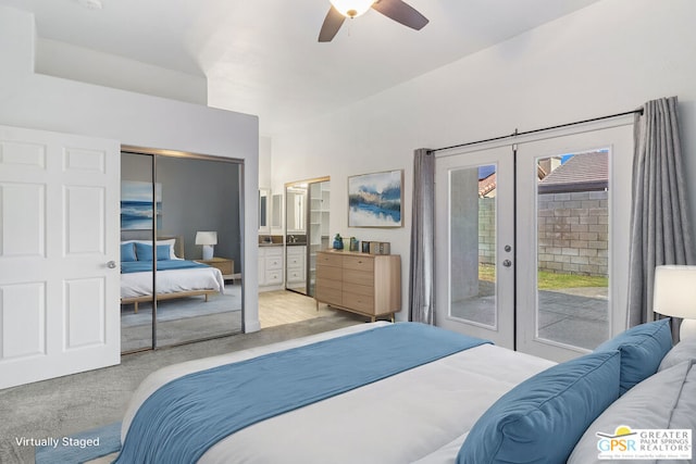 bedroom with french doors, access to exterior, a closet, ceiling fan, and light colored carpet