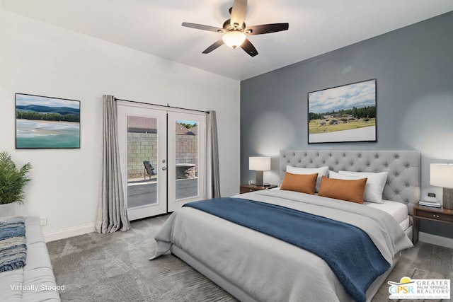 carpeted bedroom featuring ceiling fan, access to exterior, and french doors