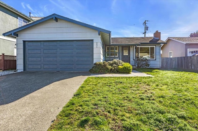 single story home with a garage and a front yard