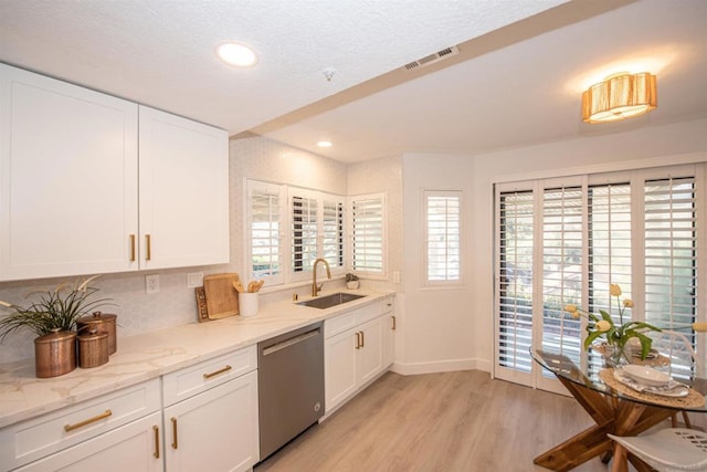 kitchen with sink, stainless steel dishwasher, light hardwood / wood-style floors, and white cabinets