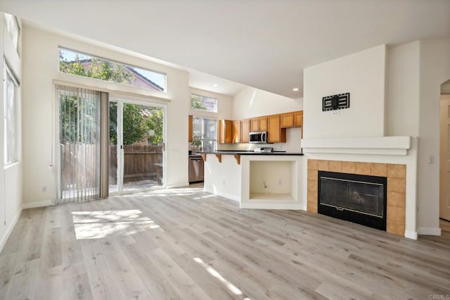 unfurnished living room with light hardwood / wood-style flooring, lofted ceiling, and a fireplace