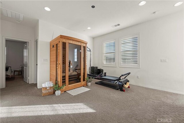 workout area with carpet flooring