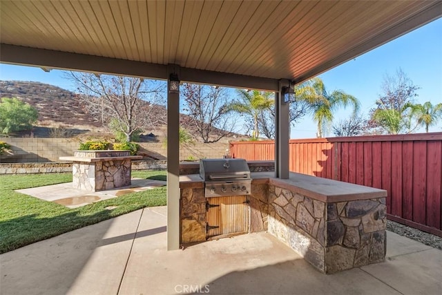 view of patio featuring area for grilling, grilling area, and a mountain view