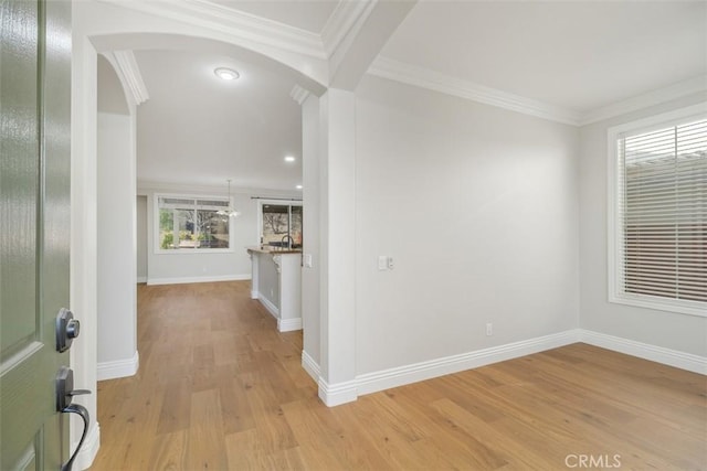 interior space featuring ornamental molding, sink, and light wood-type flooring