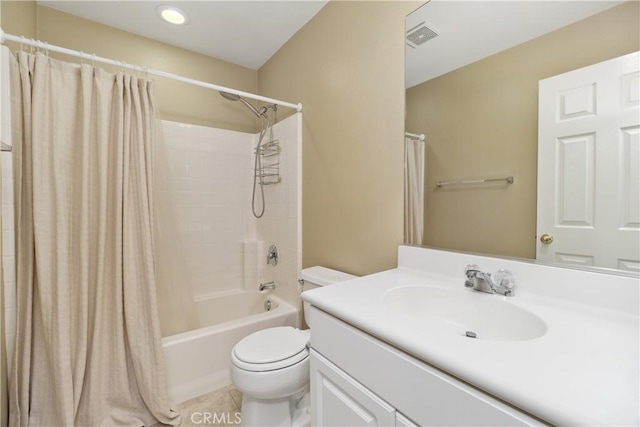 full bathroom featuring tile patterned flooring, shower / bath combination with curtain, vanity, and toilet