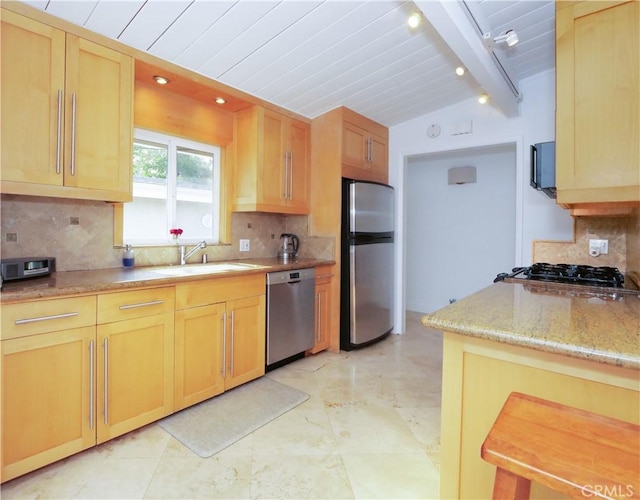 kitchen with backsplash, lofted ceiling with beams, sink, wood ceiling, and stainless steel appliances