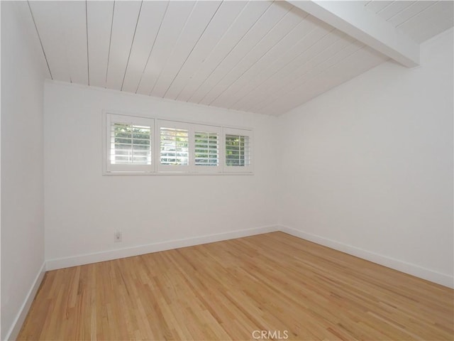 empty room with light hardwood / wood-style flooring, lofted ceiling with beams, and wood ceiling