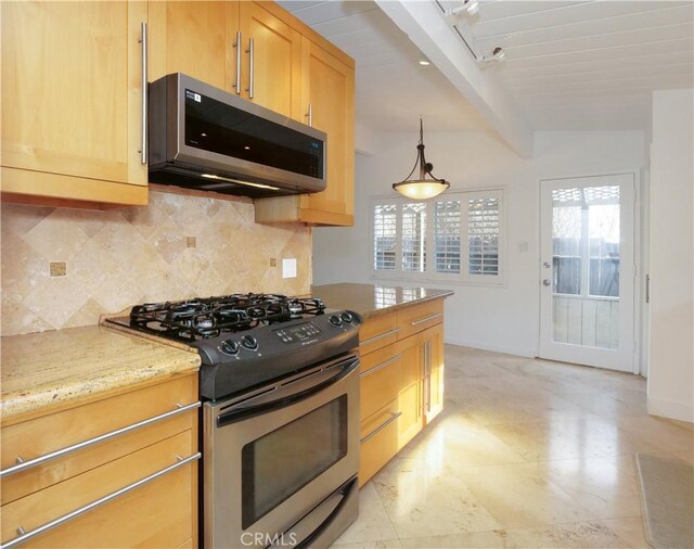 kitchen with appliances with stainless steel finishes, decorative backsplash, decorative light fixtures, light stone countertops, and beam ceiling