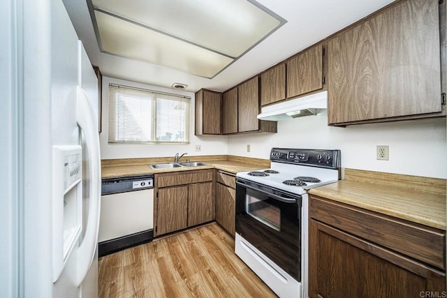 kitchen featuring light wood-type flooring, sink, and white appliances