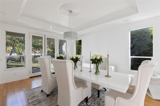 dining space featuring a healthy amount of sunlight, a raised ceiling, and light hardwood / wood-style floors