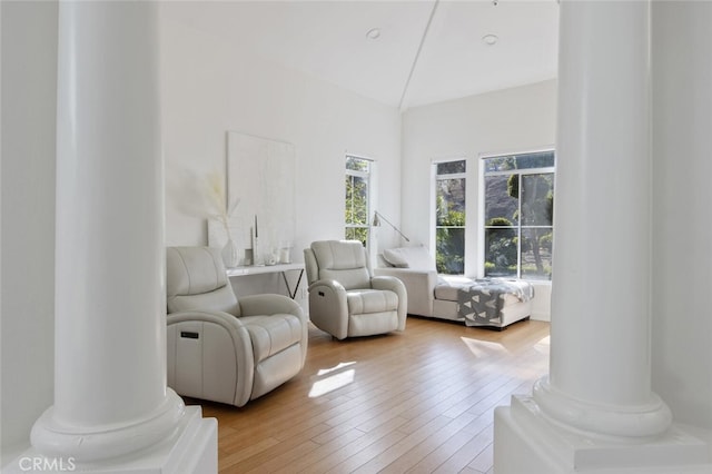 living room with hardwood / wood-style flooring and ornate columns