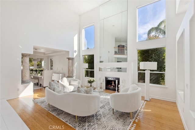 living room with a towering ceiling and light hardwood / wood-style flooring