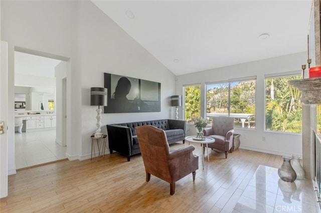 interior space with high vaulted ceiling and light wood-type flooring