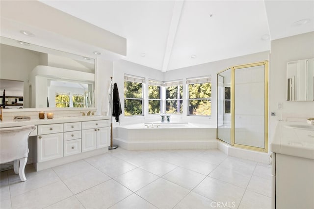 bathroom with independent shower and bath, vanity, vaulted ceiling with beams, and tile patterned floors