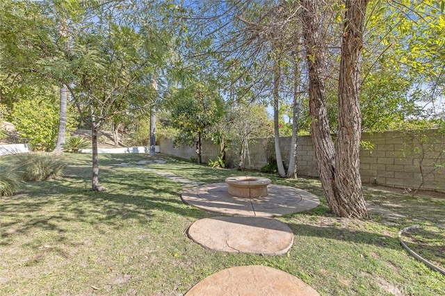 view of yard featuring an outdoor fire pit