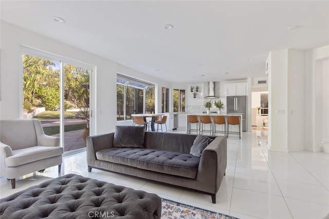 living room featuring light tile patterned floors