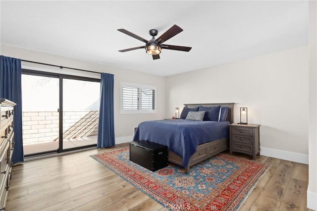 bedroom with ceiling fan, access to exterior, and light wood-type flooring