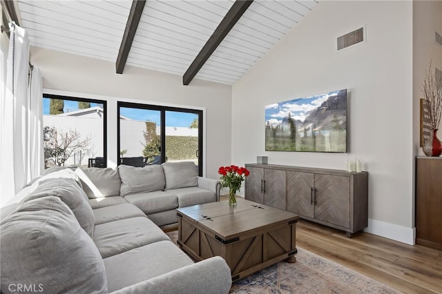 living room featuring light wood-type flooring, wooden ceiling, high vaulted ceiling, and beamed ceiling