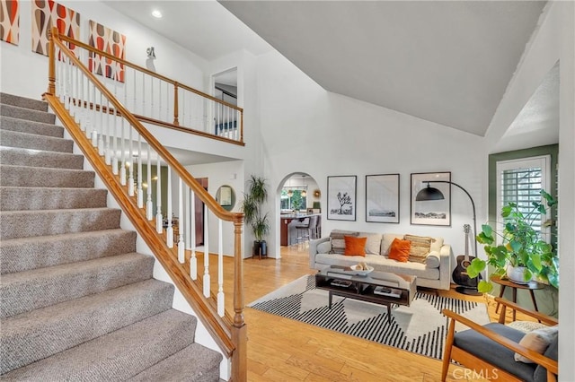 living room featuring high vaulted ceiling and hardwood / wood-style floors