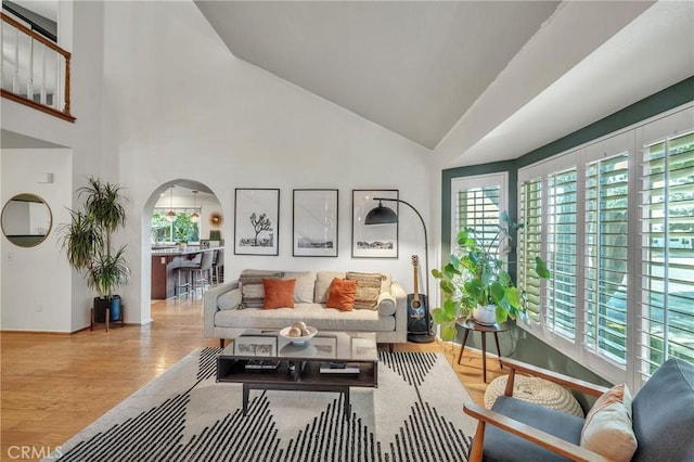 living room with high vaulted ceiling and light hardwood / wood-style flooring