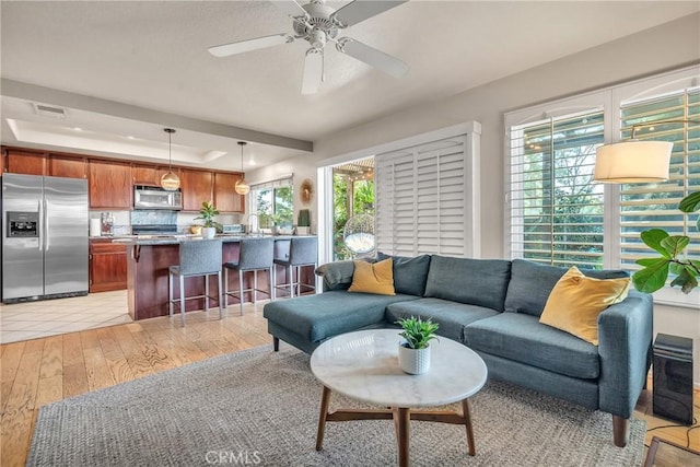 living room with ceiling fan, light hardwood / wood-style flooring, a raised ceiling, and a healthy amount of sunlight