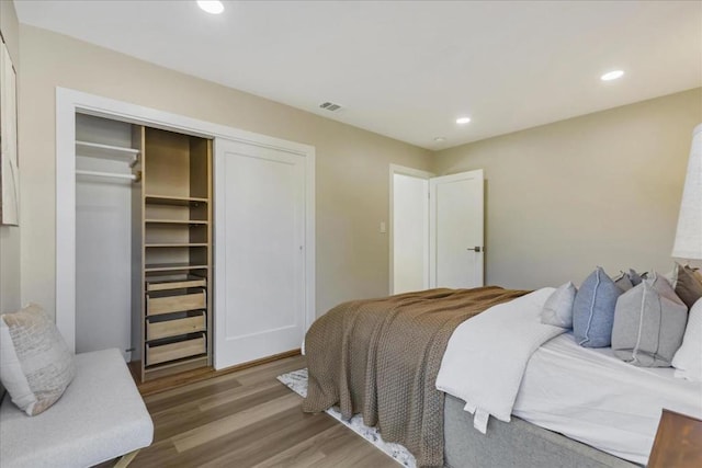 bedroom featuring a spacious closet, a closet, and wood-type flooring