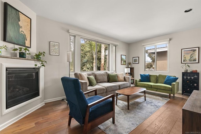 living room with dark hardwood / wood-style flooring