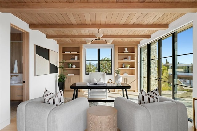 living room featuring light hardwood / wood-style floors, built in shelves, beamed ceiling, and wood ceiling