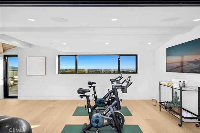 workout room with lofted ceiling and hardwood / wood-style floors