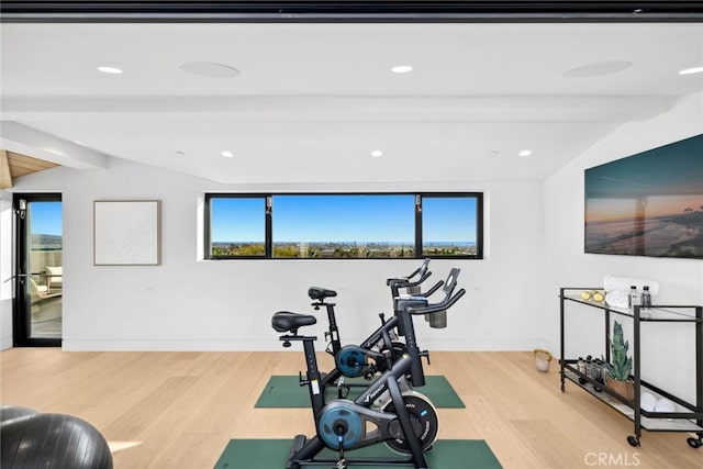 workout room with vaulted ceiling, plenty of natural light, and wood finished floors