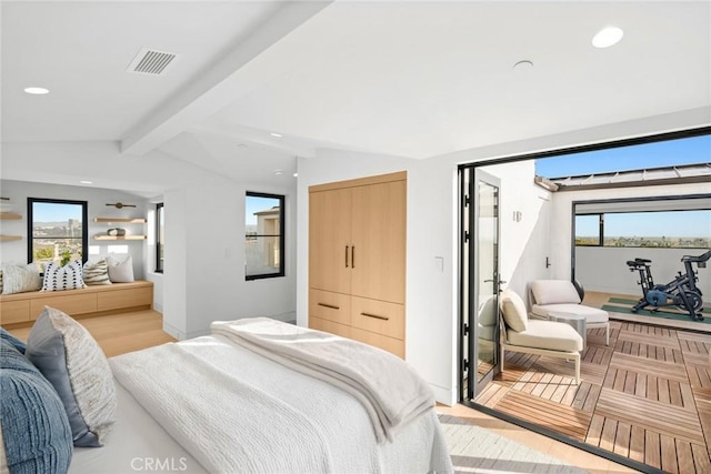 bedroom with vaulted ceiling with beams, visible vents, and recessed lighting