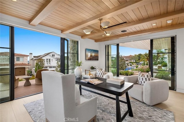 sunroom / solarium featuring wood ceiling and beam ceiling