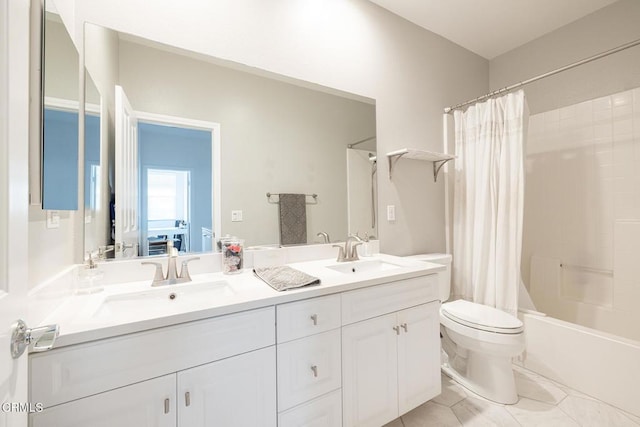 full bathroom with toilet, vanity, and shower / tub combo with curtain