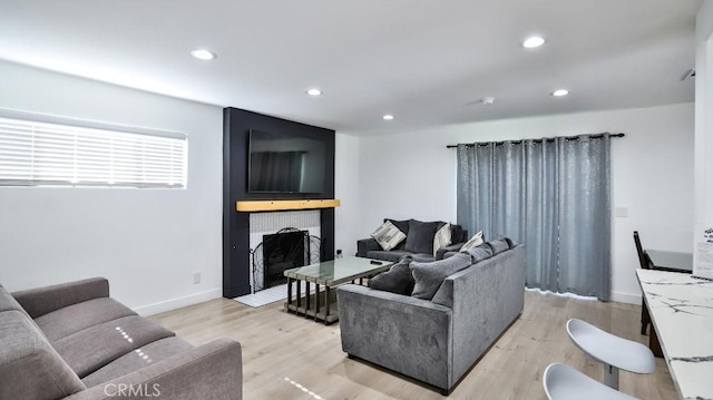 living room with a fireplace and light hardwood / wood-style flooring