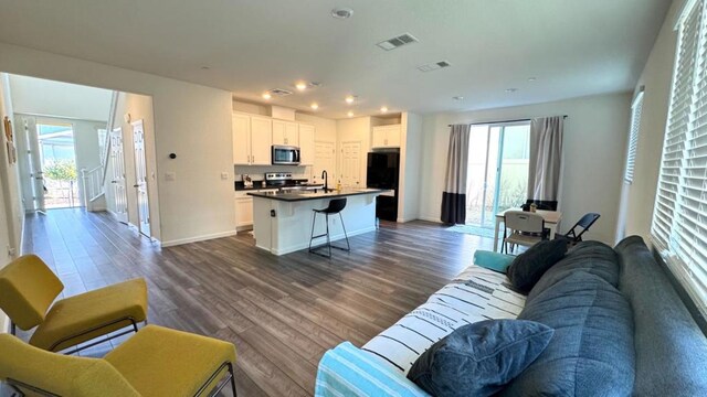 living room featuring dark hardwood / wood-style floors and sink