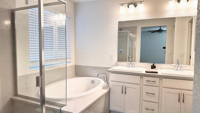 bathroom featuring vanity, shower with separate bathtub, and ceiling fan