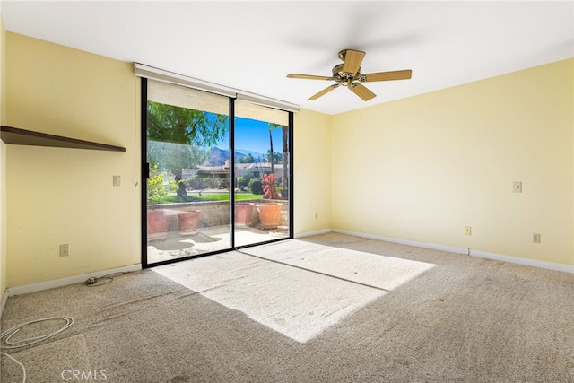 empty room with ceiling fan, expansive windows, and carpet flooring