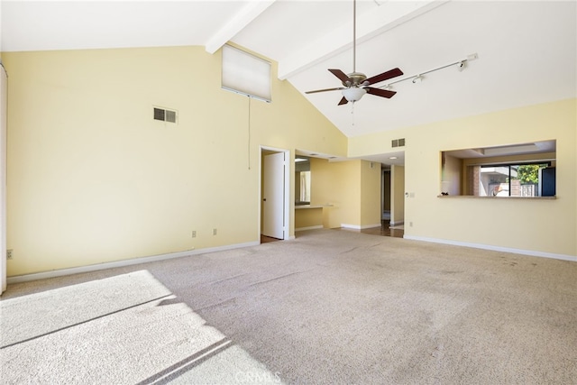 unfurnished living room with high vaulted ceiling, beam ceiling, ceiling fan, and carpet flooring