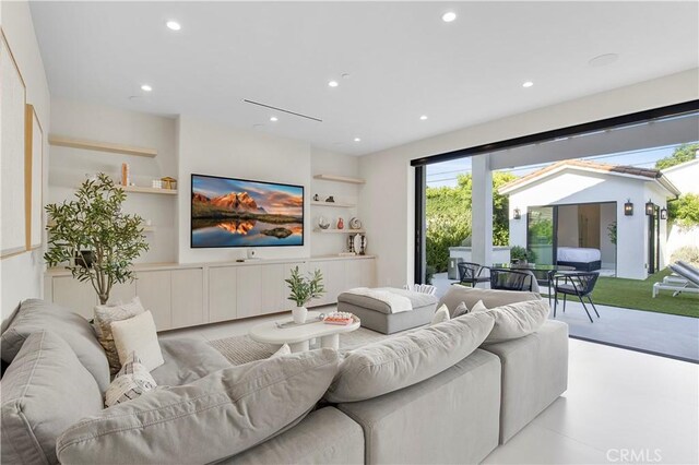 living room with built in shelves