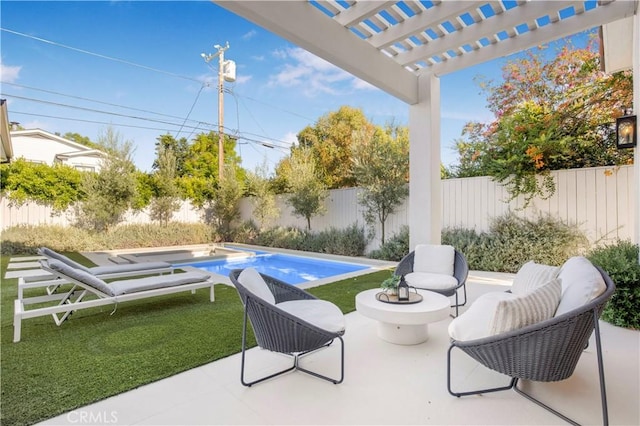 exterior space with a fenced in pool and a pergola