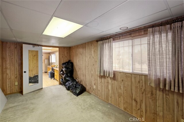 interior space with light colored carpet and wood walls